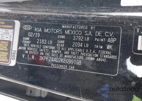 2019 Kia Forte Fe из США, поврежденный, VIN 3KPF24AD2KE099198